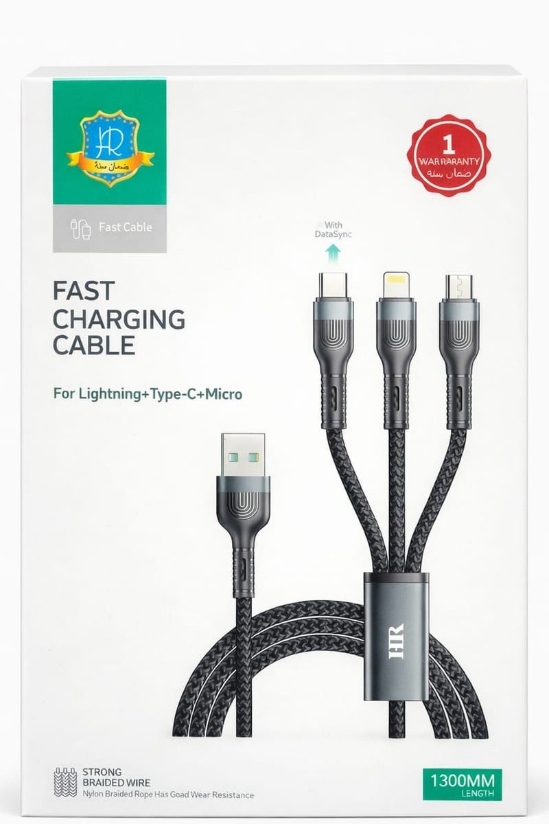 HR 3-in-1 Fast Charging Cable | USB to Type-C + Lightning + Micro USB | 3.5A | 1.3m Braided Cable - Image 2